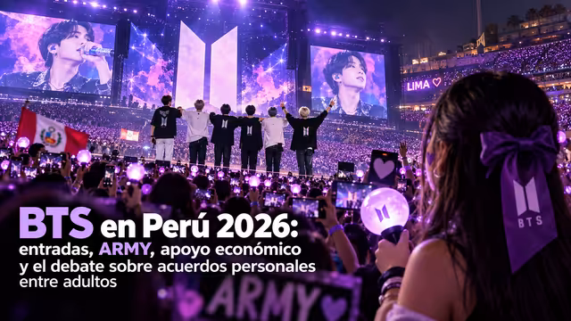 Fans ARMY en un concierto de BTS en Lima, Perú, con luces violetas en el estadio